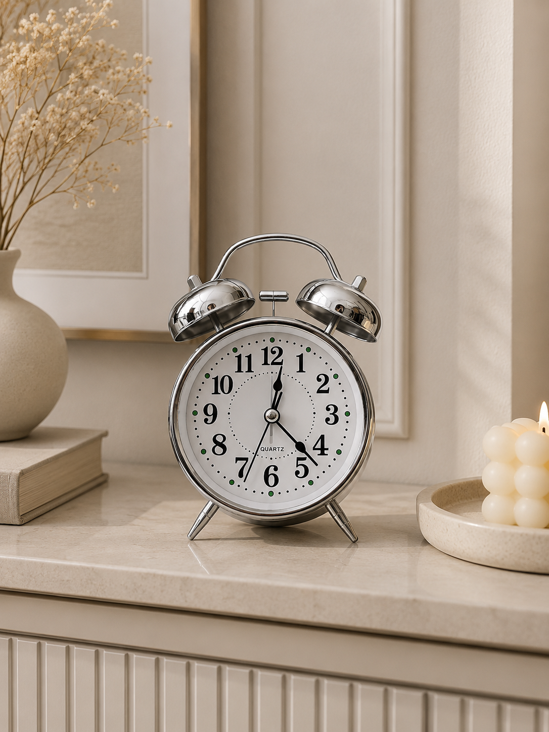 Vintage Silver Twin Bell Alarm Clock – Classic Analog Quartz Table Clock for Bedroom, Office & Home Décor