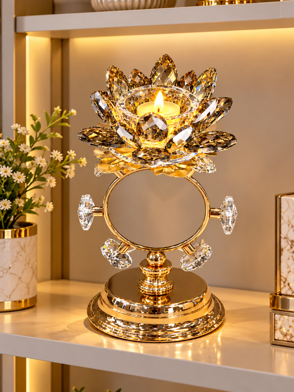 Luxury Crystal Lotus Candle Holder – Gold Decorative Table Centerpiece
