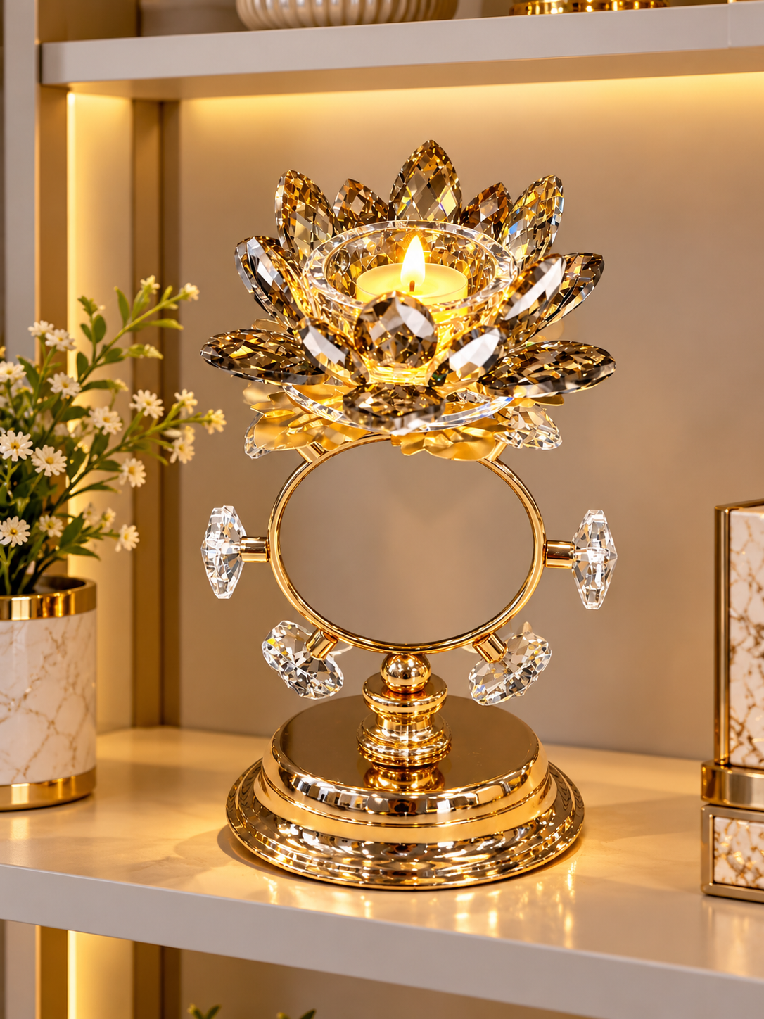 Luxury Crystal Lotus Candle Holder – Gold Decorative Table Centerpiece