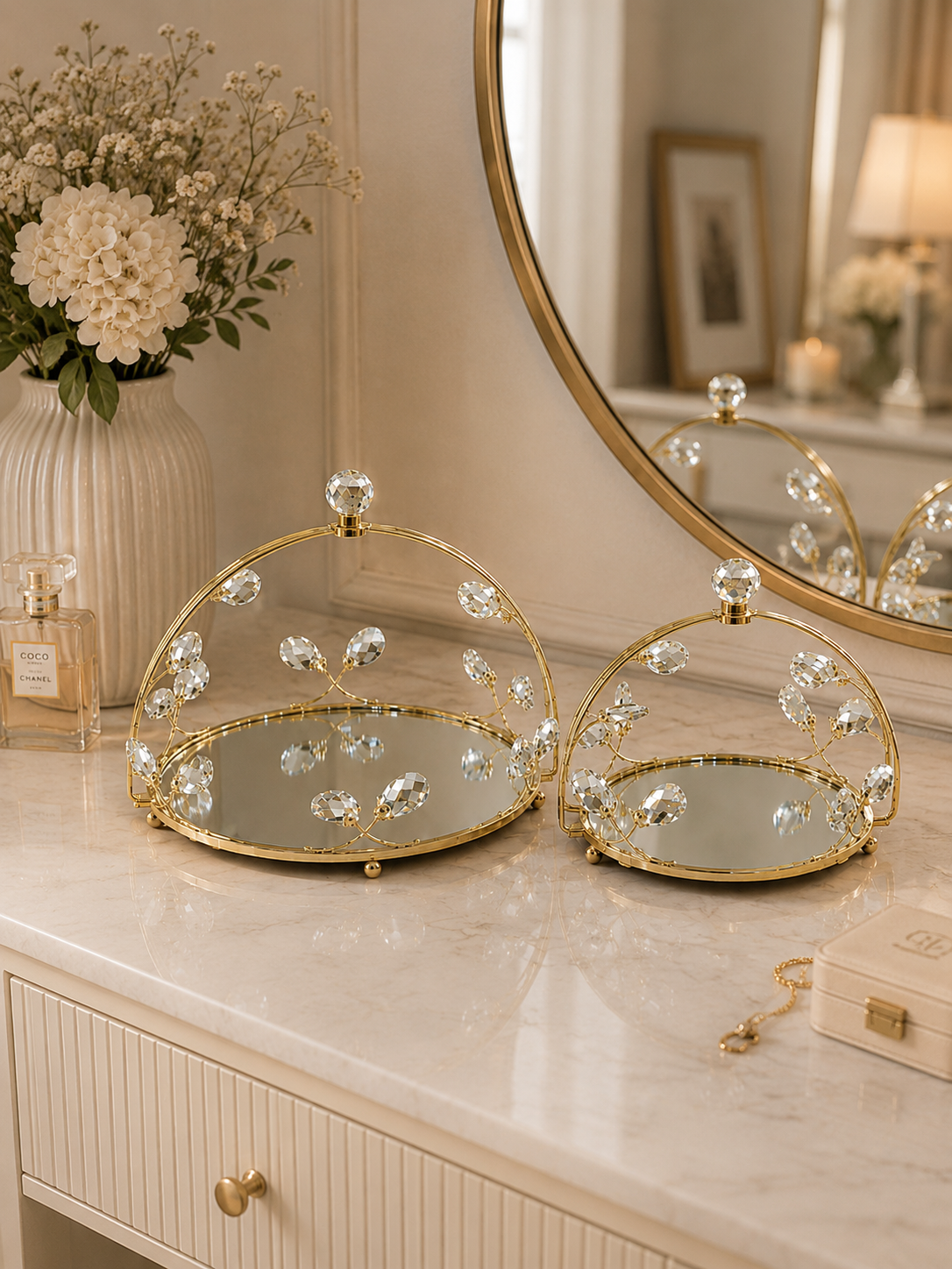 Luxury Gold Crystal Decorative Serving Tray – Elegant Mirrored Vanity & Décor Tray