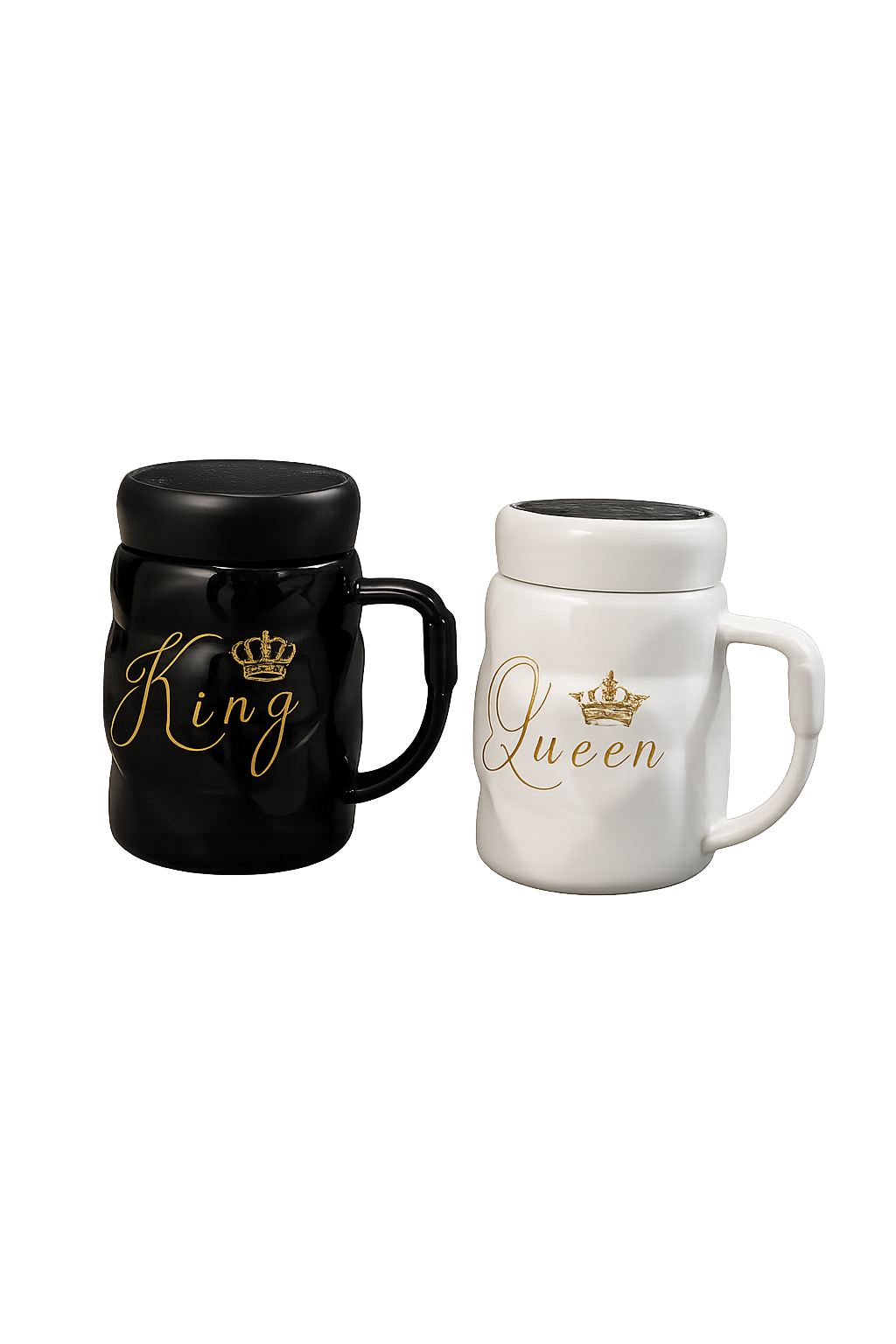 King & Queen Ceramic Couple Coffee Mugs Set – Textured Ceramic Tea Cups with Lids