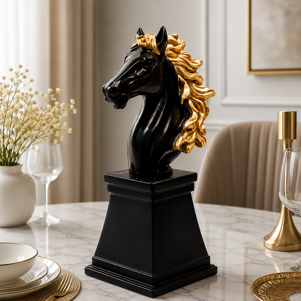 Fiber Horse Royal Walking Horse Statue – 5-Inch Premium Black & Gold Resin Art Piece For Elegant Home Decor, Office Desk & Luxury Gifting