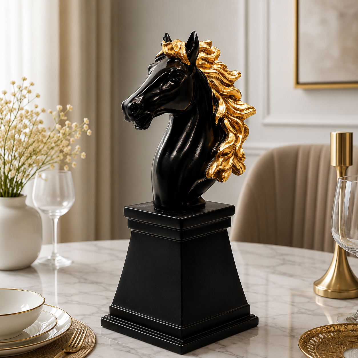 Fiber Horse Royal Walking Horse Statue – 5-Inch Premium Black & Gold Resin Art Piece For Elegant Home Decor, Office Desk & Luxury Gifting