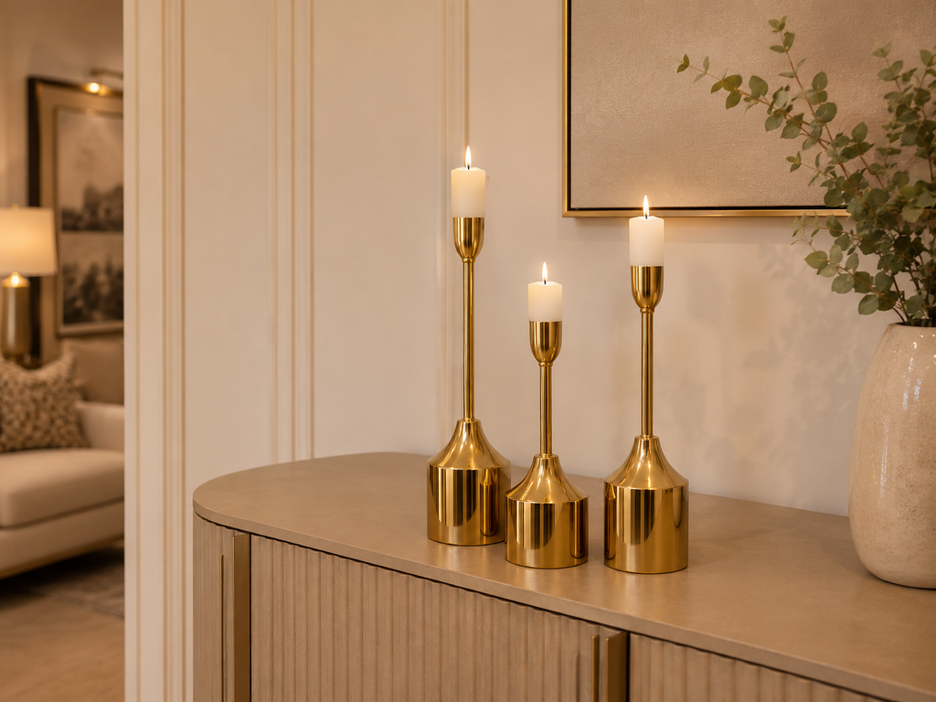 Luxury Gold Metal Candle Stand Set – Modern Decorative Pillar Candle Holders (Set of 3)
