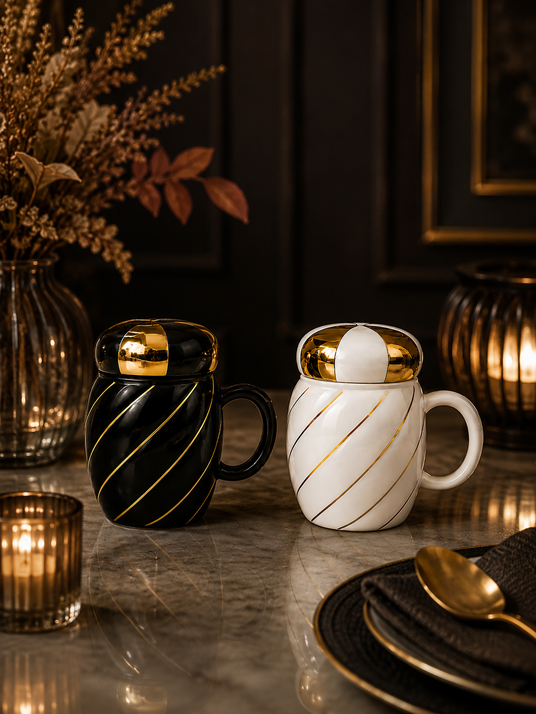 Premium Ribbed Ceramic Tea Mug – Sophisticated Metallic Gold Accent Drinkware Pair