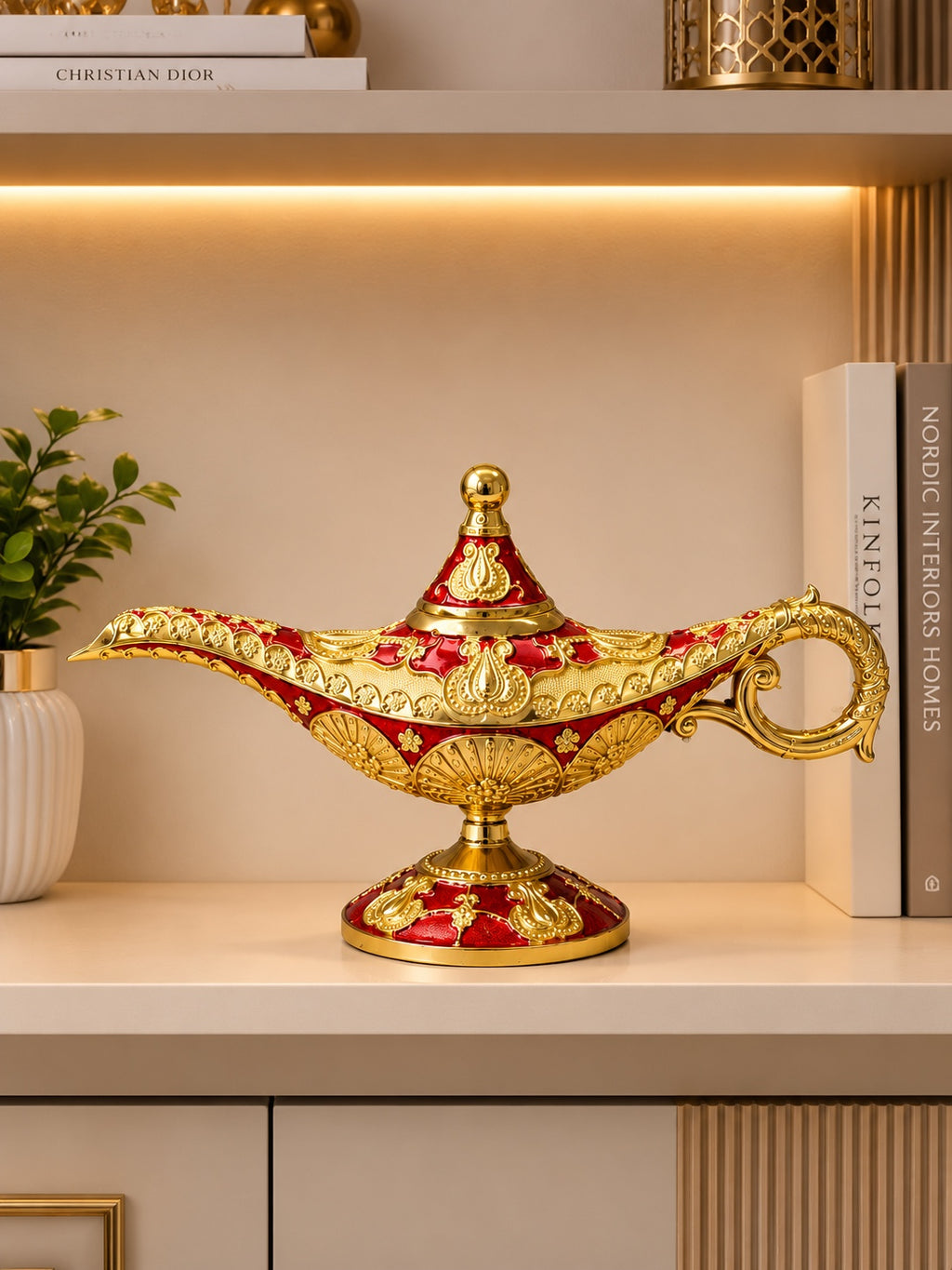 Luxury Aladdin Magic Lamp Decorative Showpiece – Red & Gold Big Size