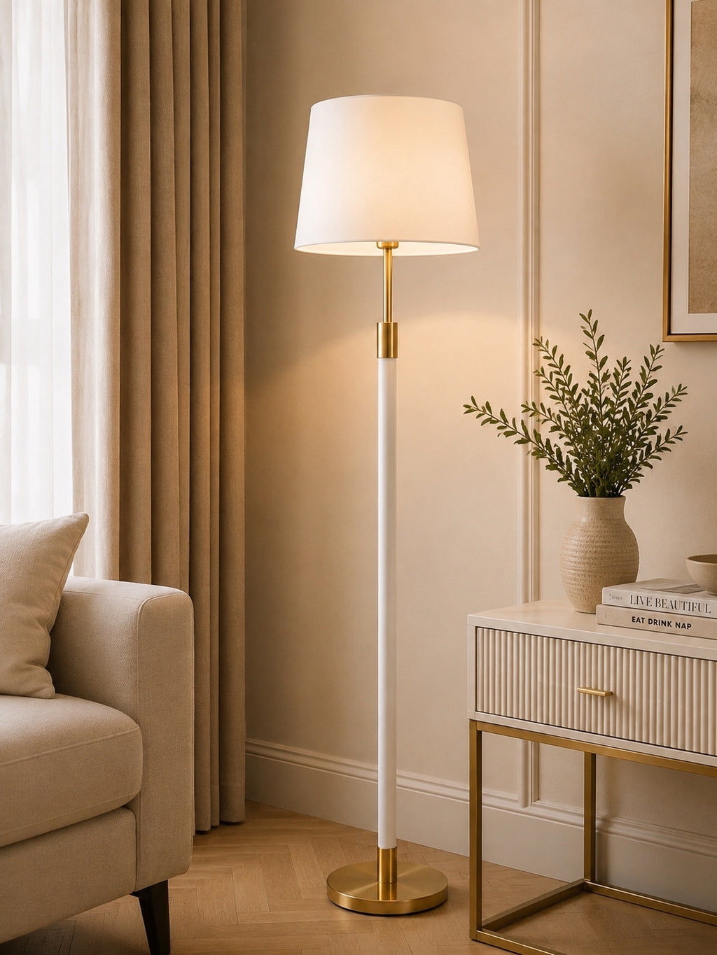 Modern White & Gold Floor Lamp with Fabric Shade | Luxury Standing Lamp for Living Room & Bedroom