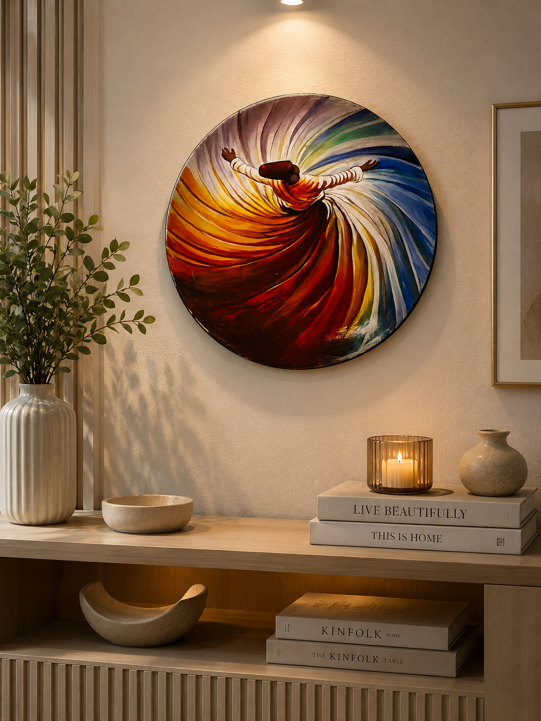 Whirling Dervish Round Wall Art | Islamic Sufi Canvas Wall Decor | Modern Circular Wall Painting