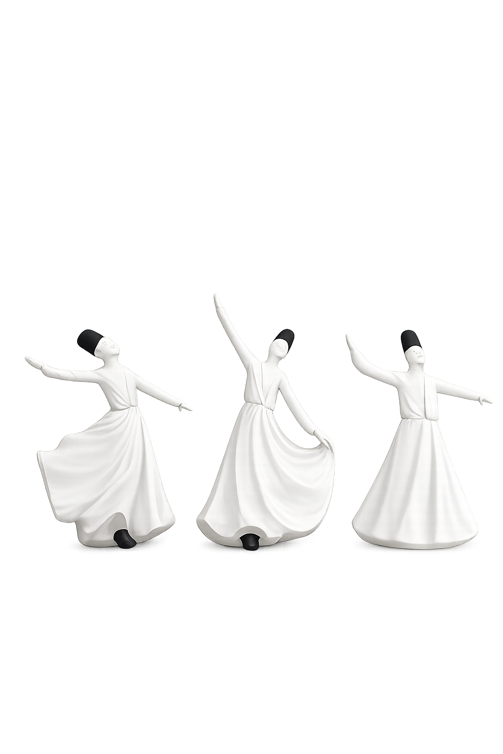 Set of 3 White Whirling Dervish Figurines | Modern Resin Sufi Dancer Sculpture Set | Islamic Home Décor Showpieces
