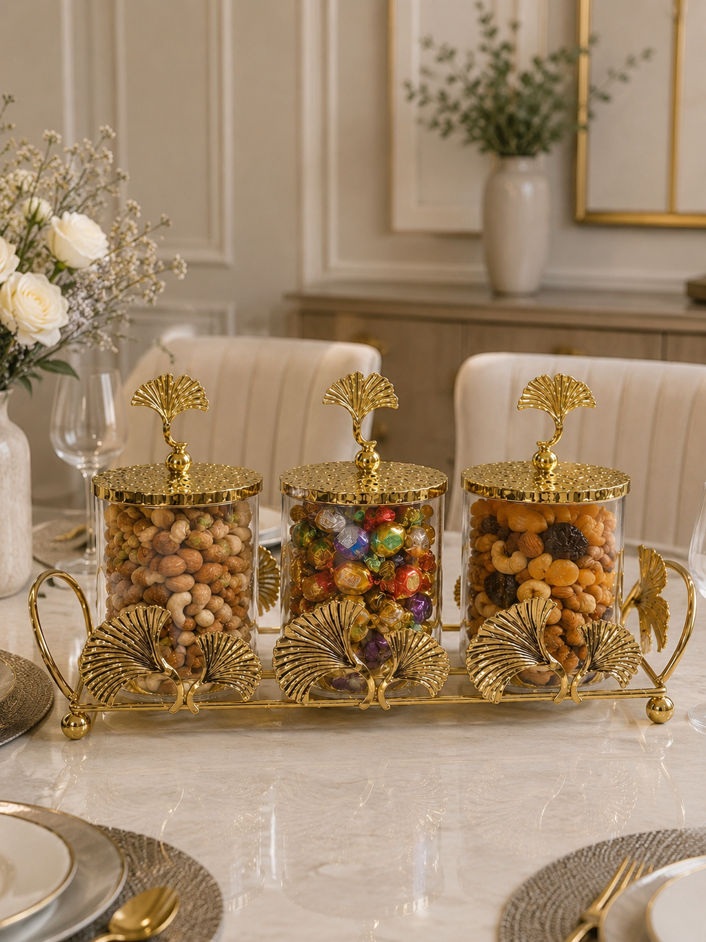 Luxury 3-Piece Glass Dry Fruit & Candy Jar Set with Gold Leaf Metal Stand | Decorative Snack Storage Canisters with Lids