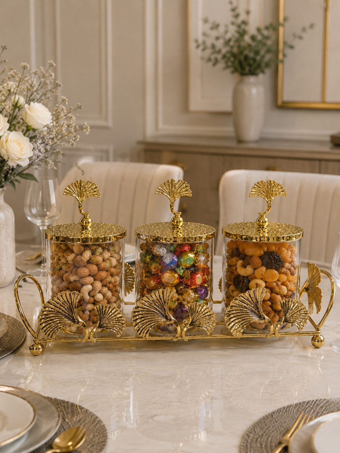 Luxury 3-Piece Glass Dry Fruit & Candy Jar Set with Gold Leaf Metal Stand | Decorative Snack Storage Canisters with Lids