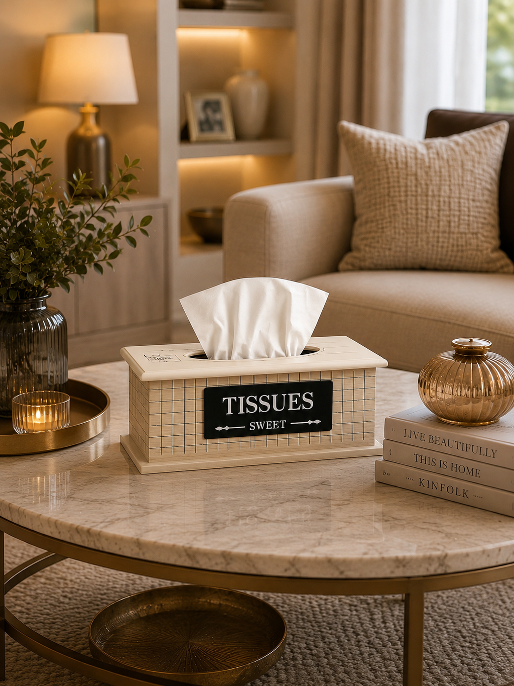 Premium Wooden Tissue Box Cover with Grid Design – Decorative Tissue Holder for Living Room, Dining Table & Office