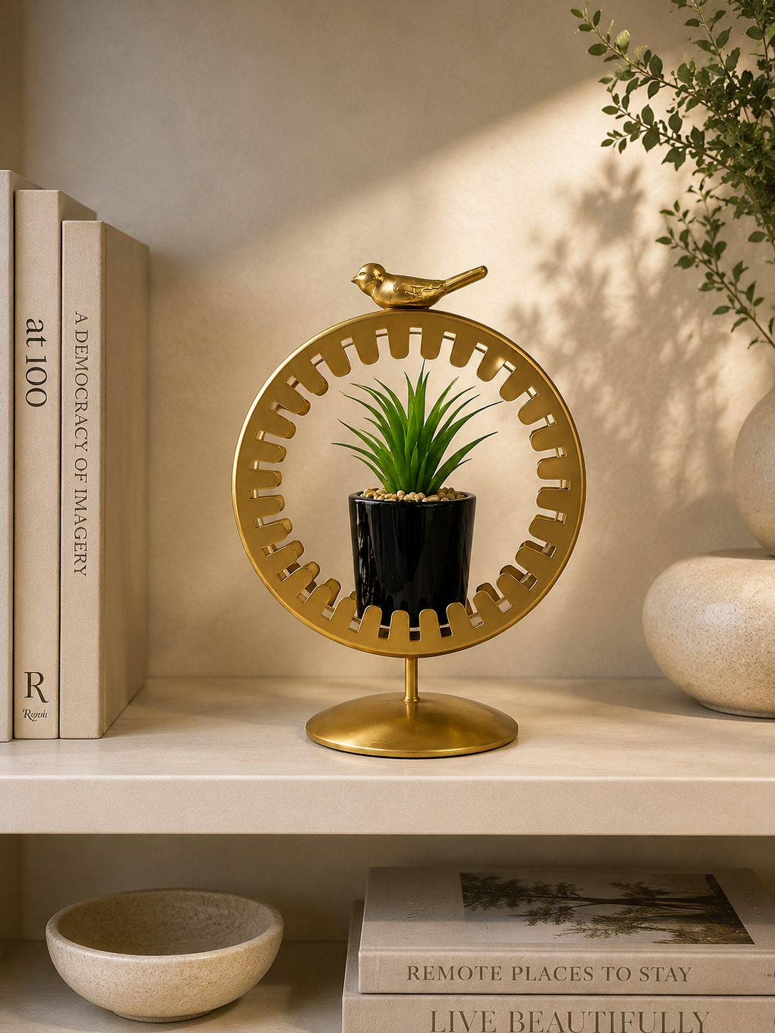Luxury Golden Bird Planter Stand with Artificial Plant – Modern Metal Tabletop Décor