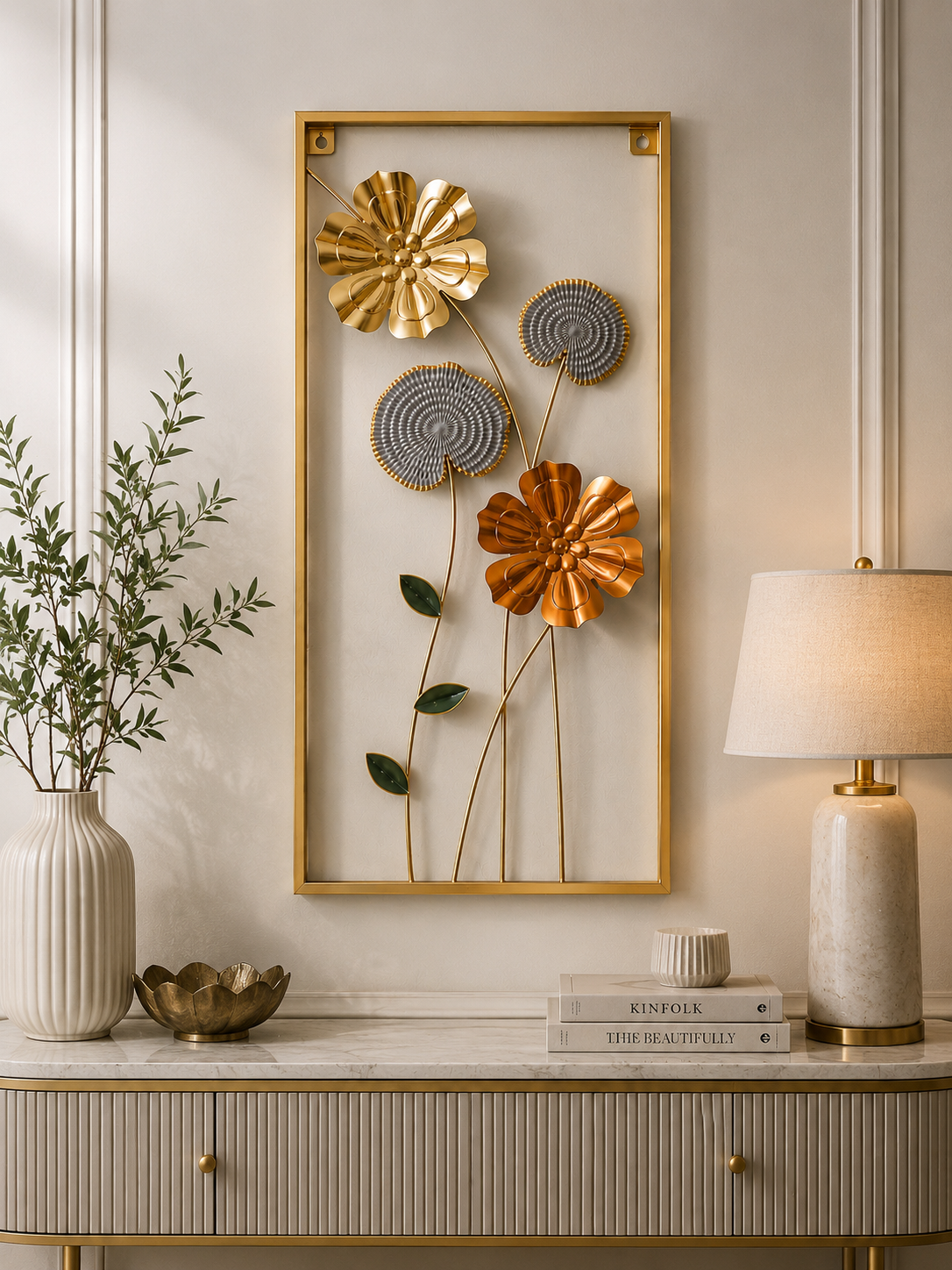 Luxury Gold Floral Metal Wall Art – Elegant 3D Botanical Framed Wall Decor