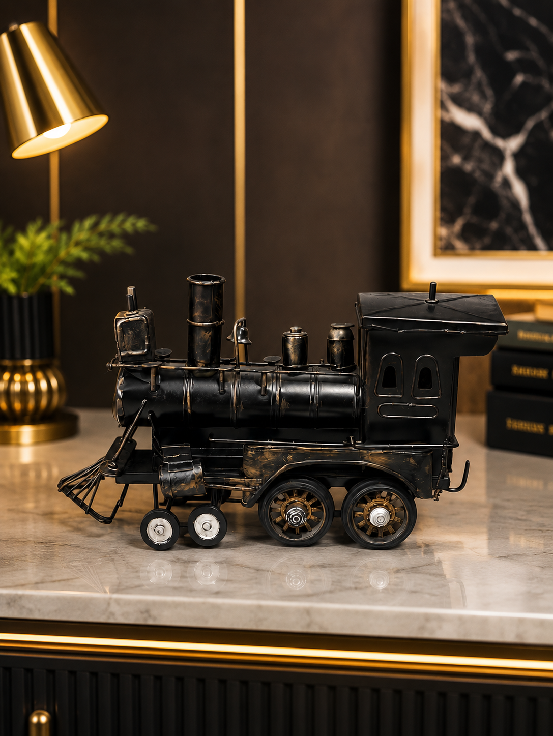 Vintage Black Steam Locomotive Train Decorative Showpiece – Antique Railway Engine Model