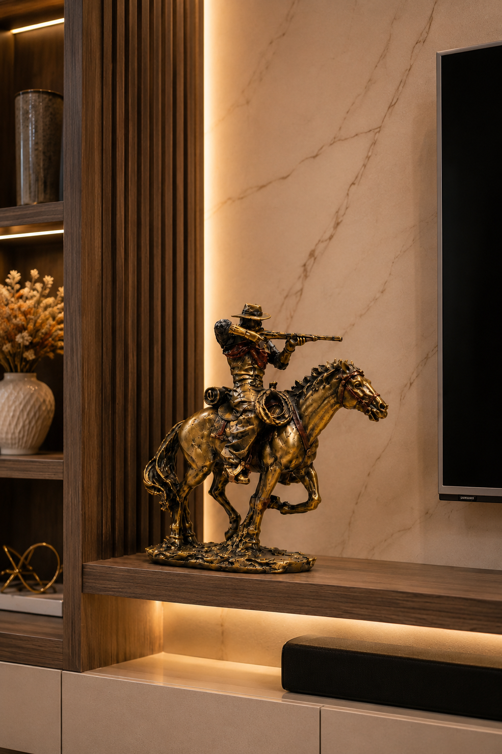 Western Cowboy on Horseback Decorative Resin Statue – Vintage Rustic Home & Office Décor Sculpture