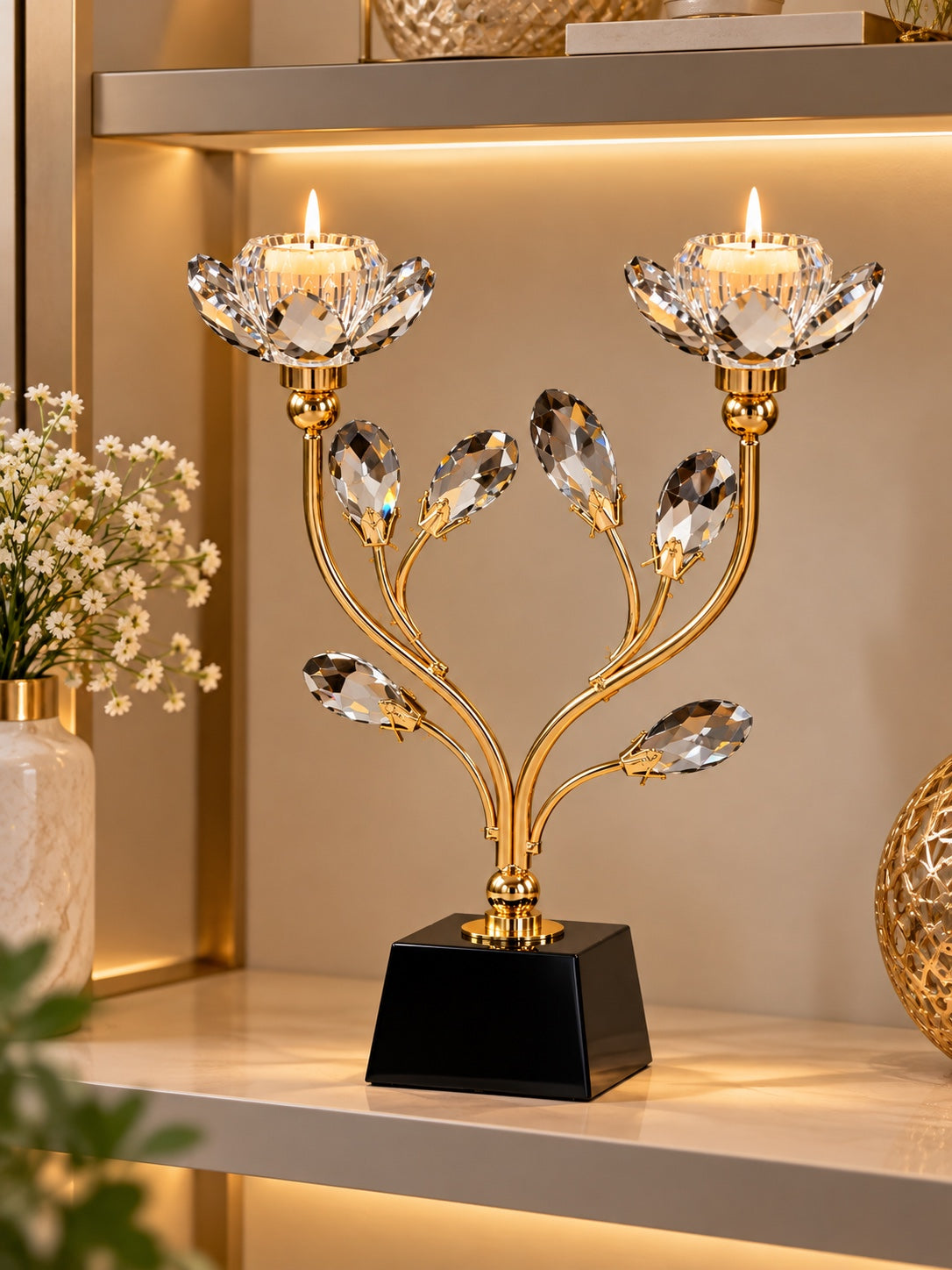 Luxury Gold Crystal Double Lotus Candle Holder – Elegant Decorative Candle Stand