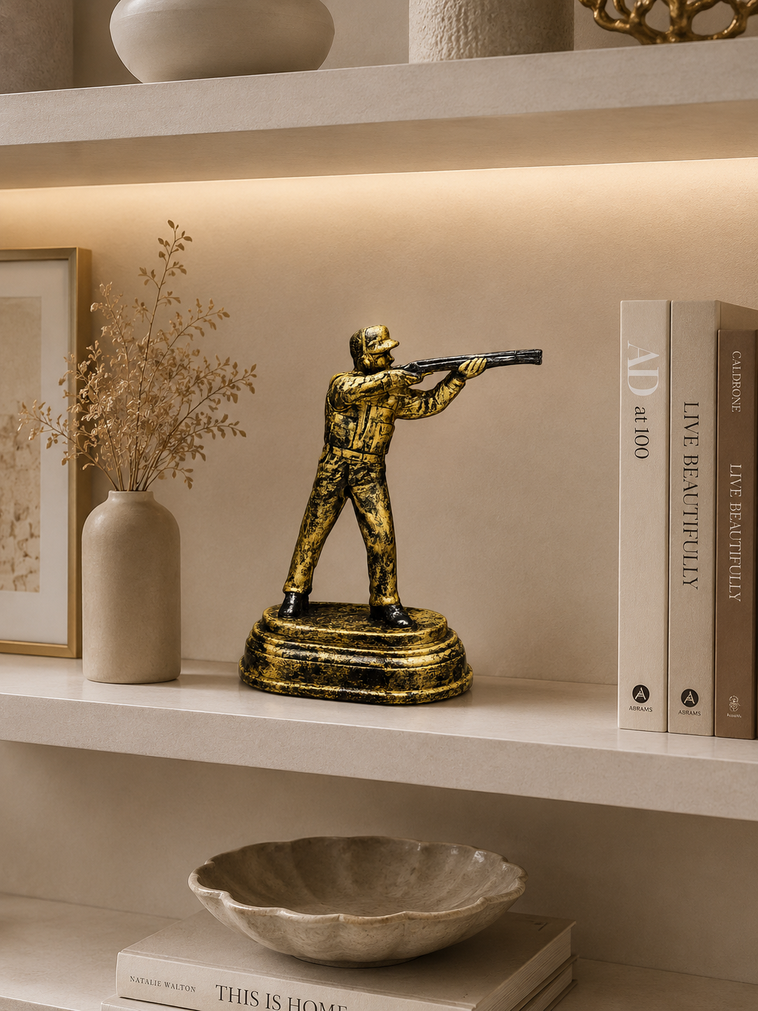 Golden Hunter Sculpture Showpiece – Vintage Rifle Shooter Resin Statue for Home & Office Décor