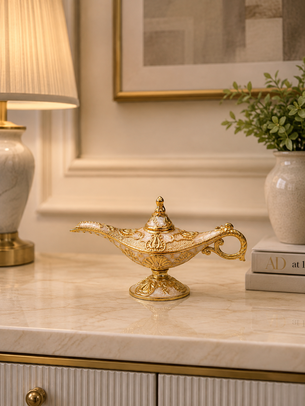 Luxury Aladdin Magic Lamp Decorative Showpiece – Gold & White Ornate Table Décor