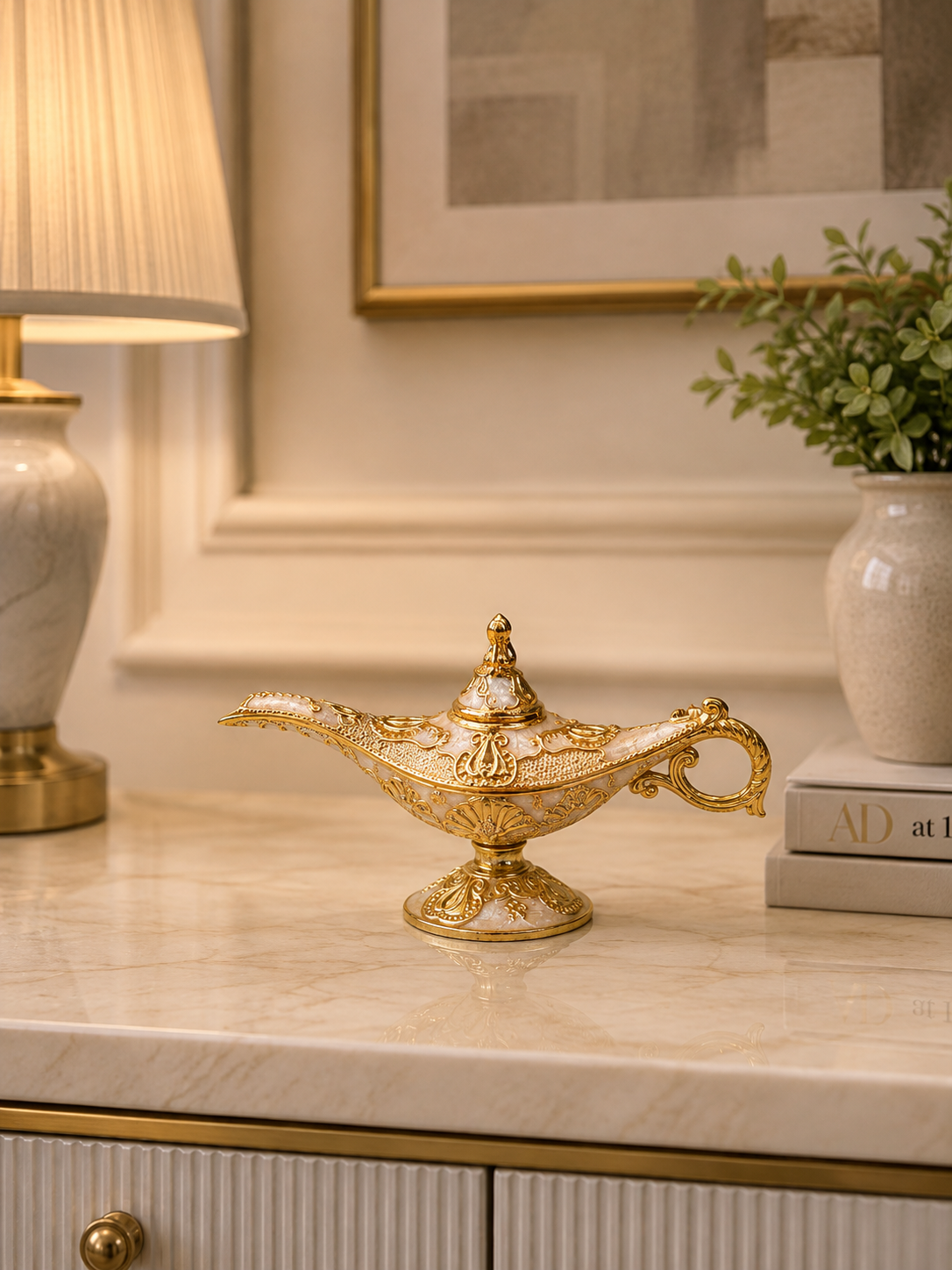 Luxury Aladdin Magic Lamp Decorative Showpiece – Gold & White Ornate Table Décor