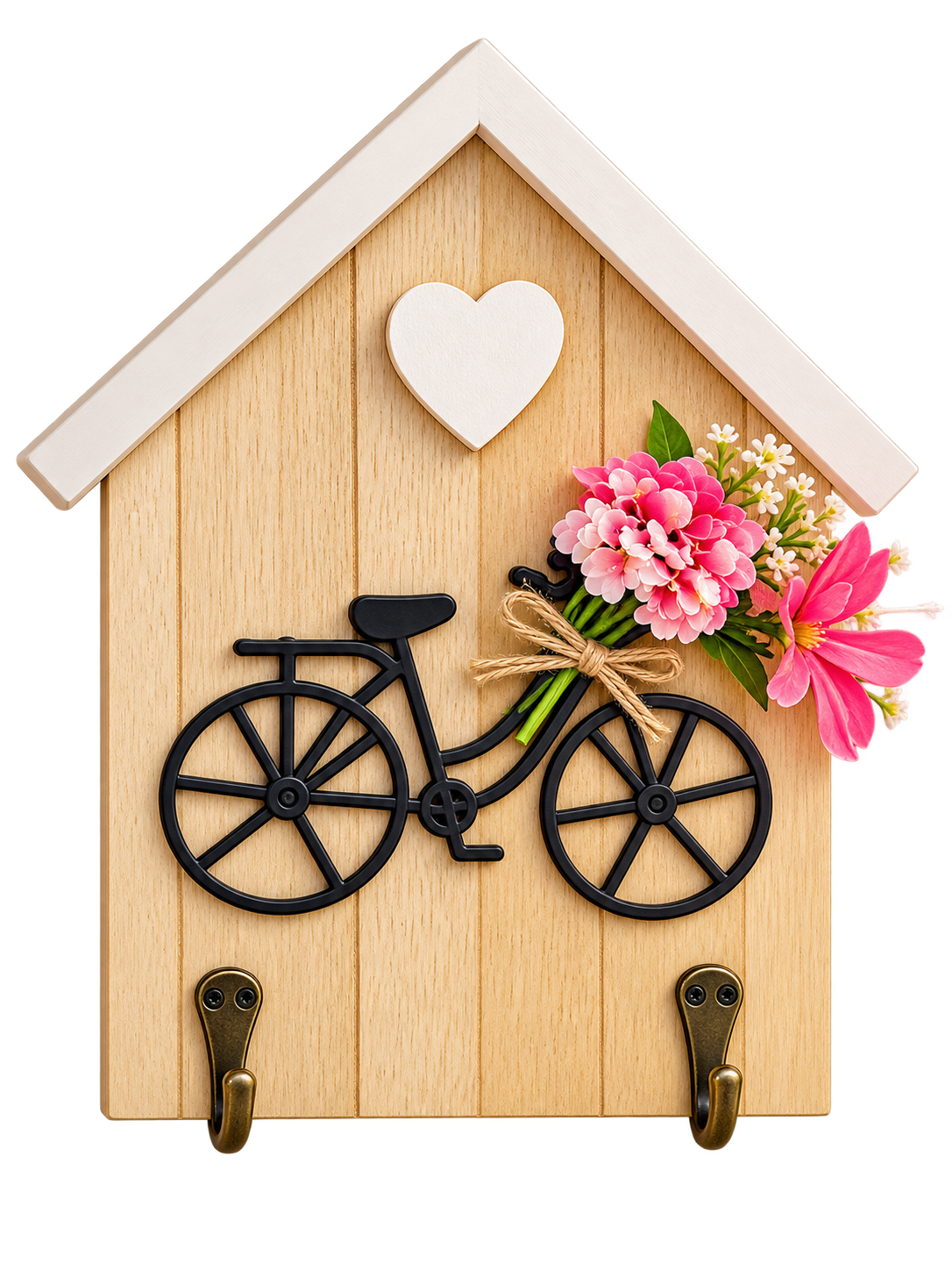 Bicycle Key Holder Wall Decor – Wooden House-Shaped Key Organizer with 2 Hooks