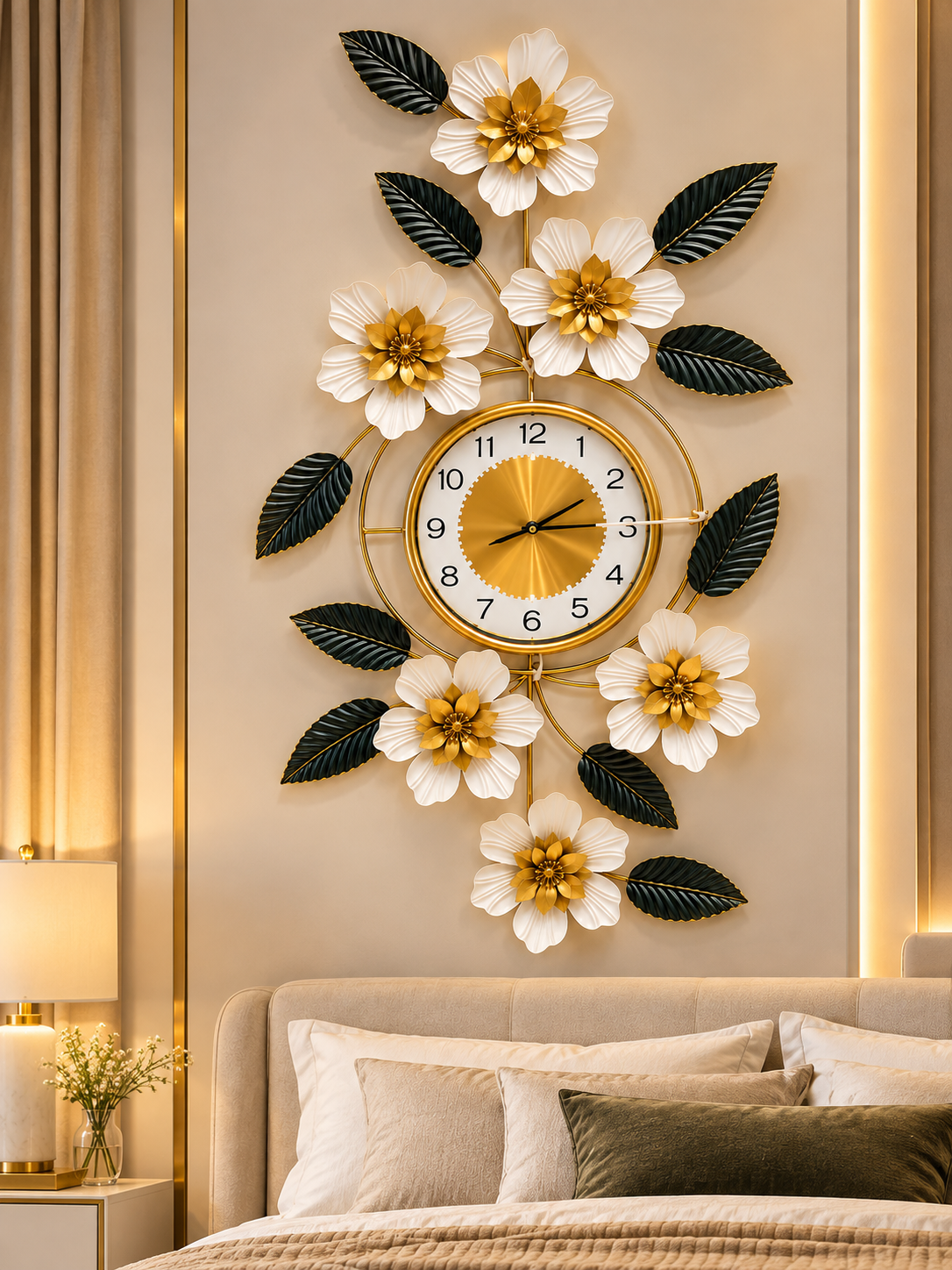 Luxury Floral Gold & Black Wall Clock – Elegant Modern Flower Decorative Clock