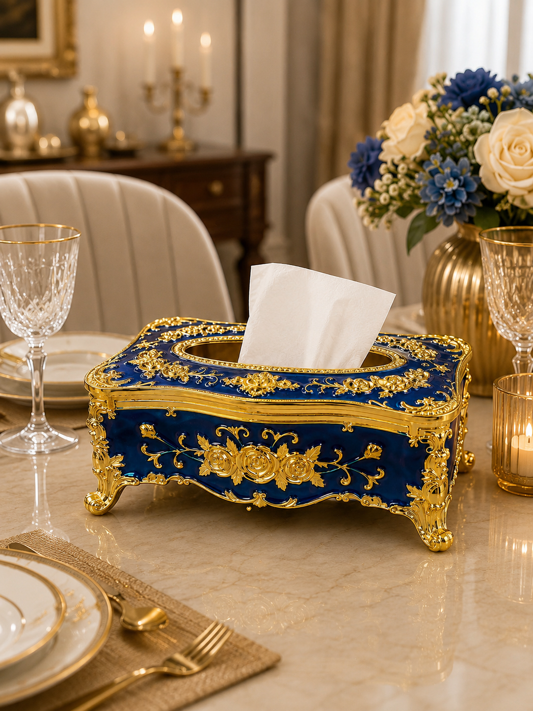 Luxury Vintage Metal Tissue Box Holder | European Floral Decorative Tissue Case.