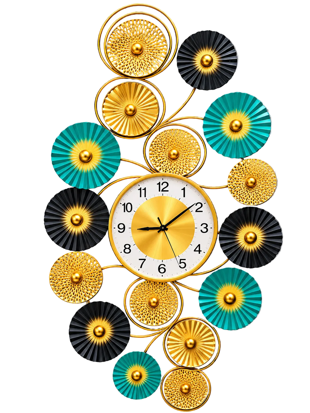 Luxury Modern Gold, Black & Teal Decorative Wall Clock – Contemporary Floral Metal Wall Art Clock
