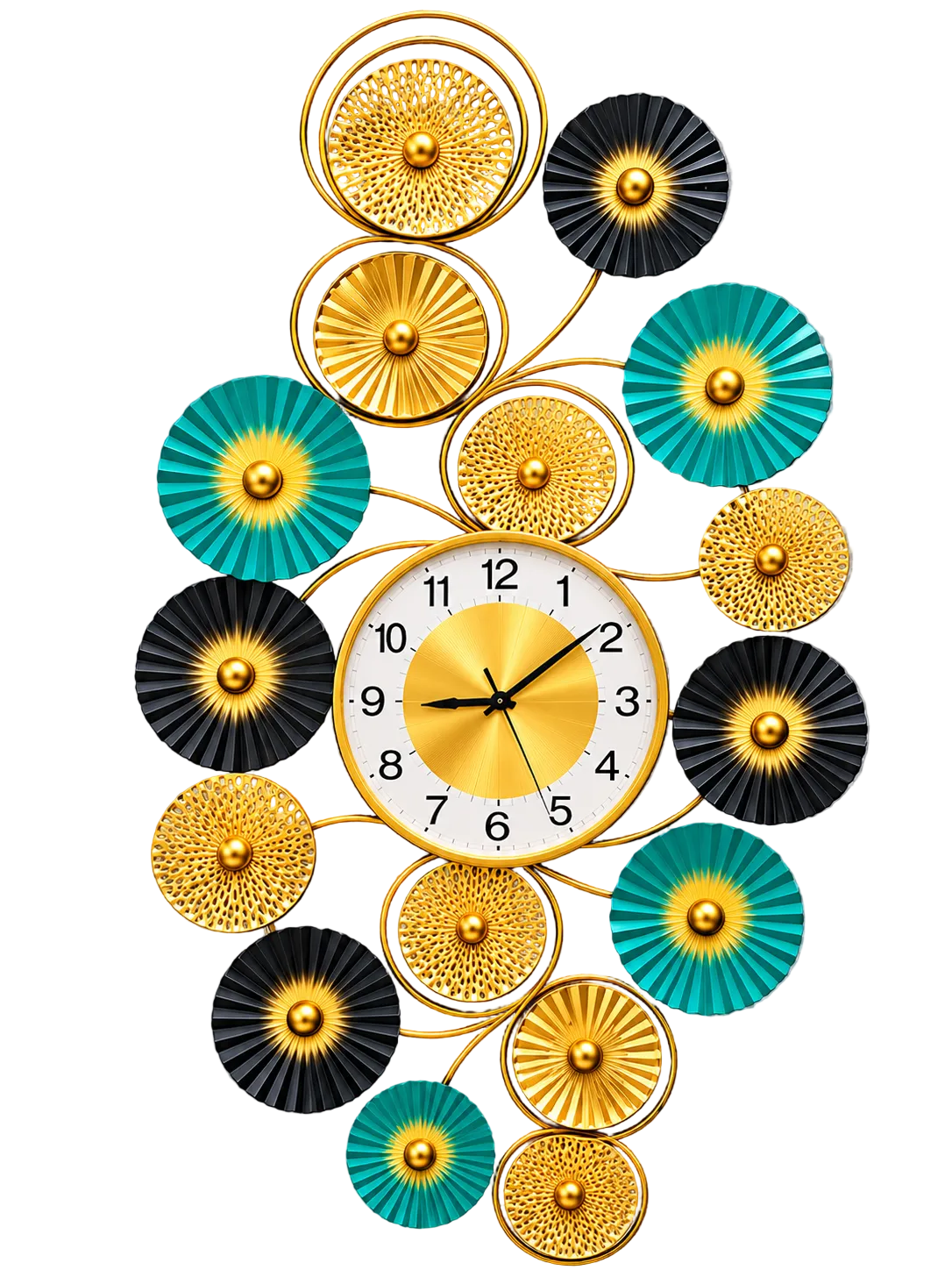 Luxury Modern Gold, Black & Teal Decorative Wall Clock – Contemporary Floral Metal Wall Art Clock