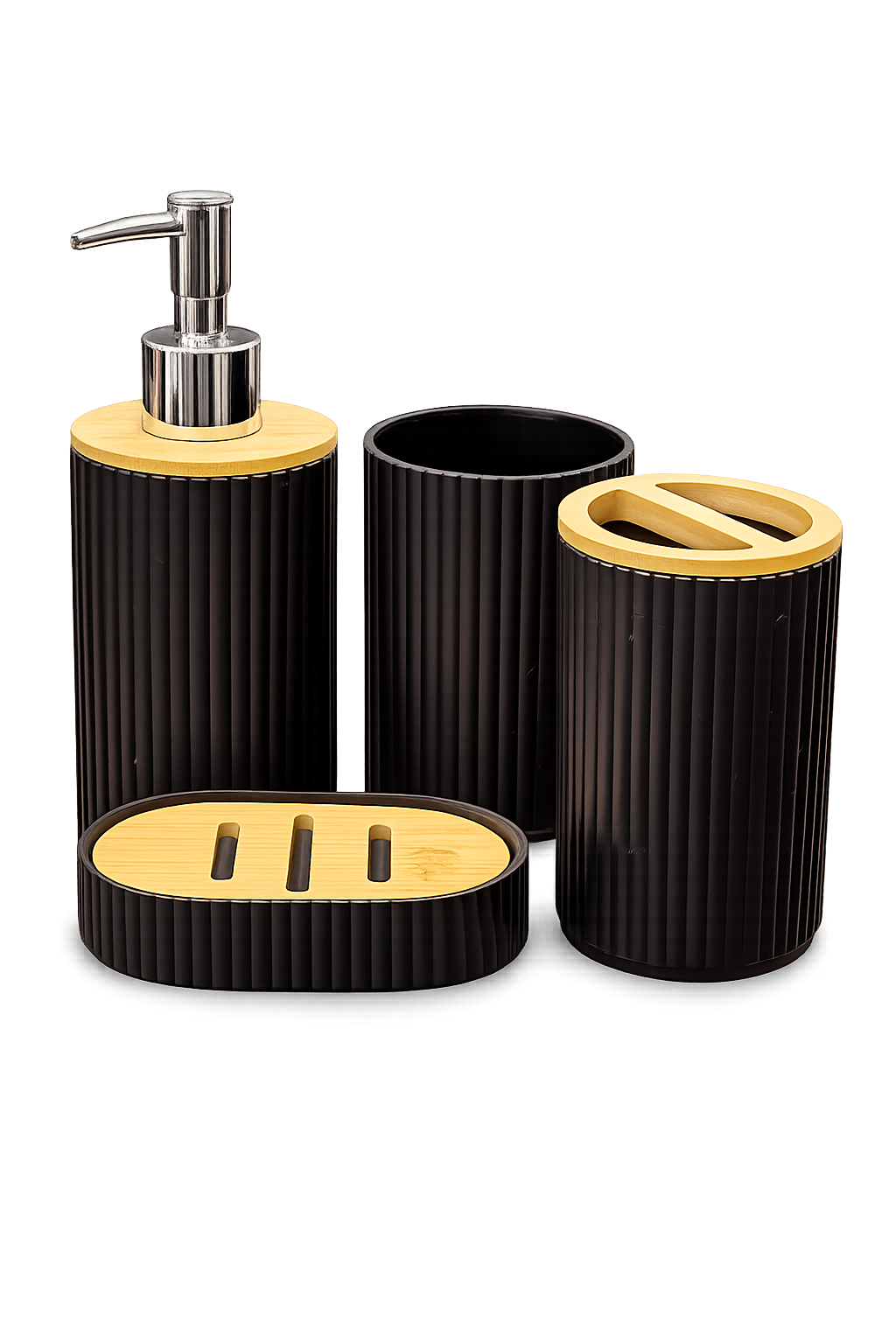 Piece Black Bathroom Accessories Set with Bamboo Lid | Soap Dispenser, Toothbrush Holder, Tumbler & Soap Dish