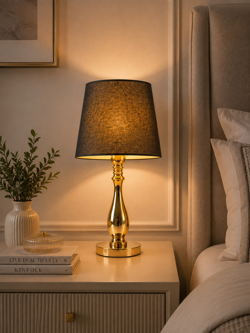 Luxury Gold Metal Table Lamp with Black Fabric Shade | Modern Bedside & Living Room Lamp