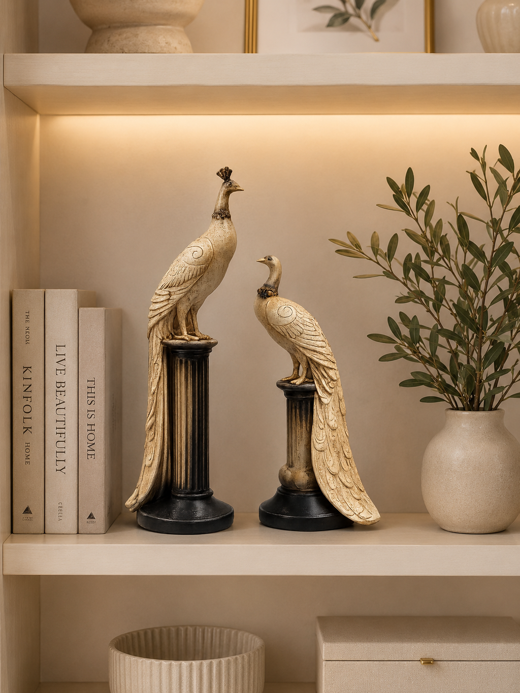 Luxury Peacock Statue Set – Modern Resin Bird Sculptures on Pedestal (Set of 2)
