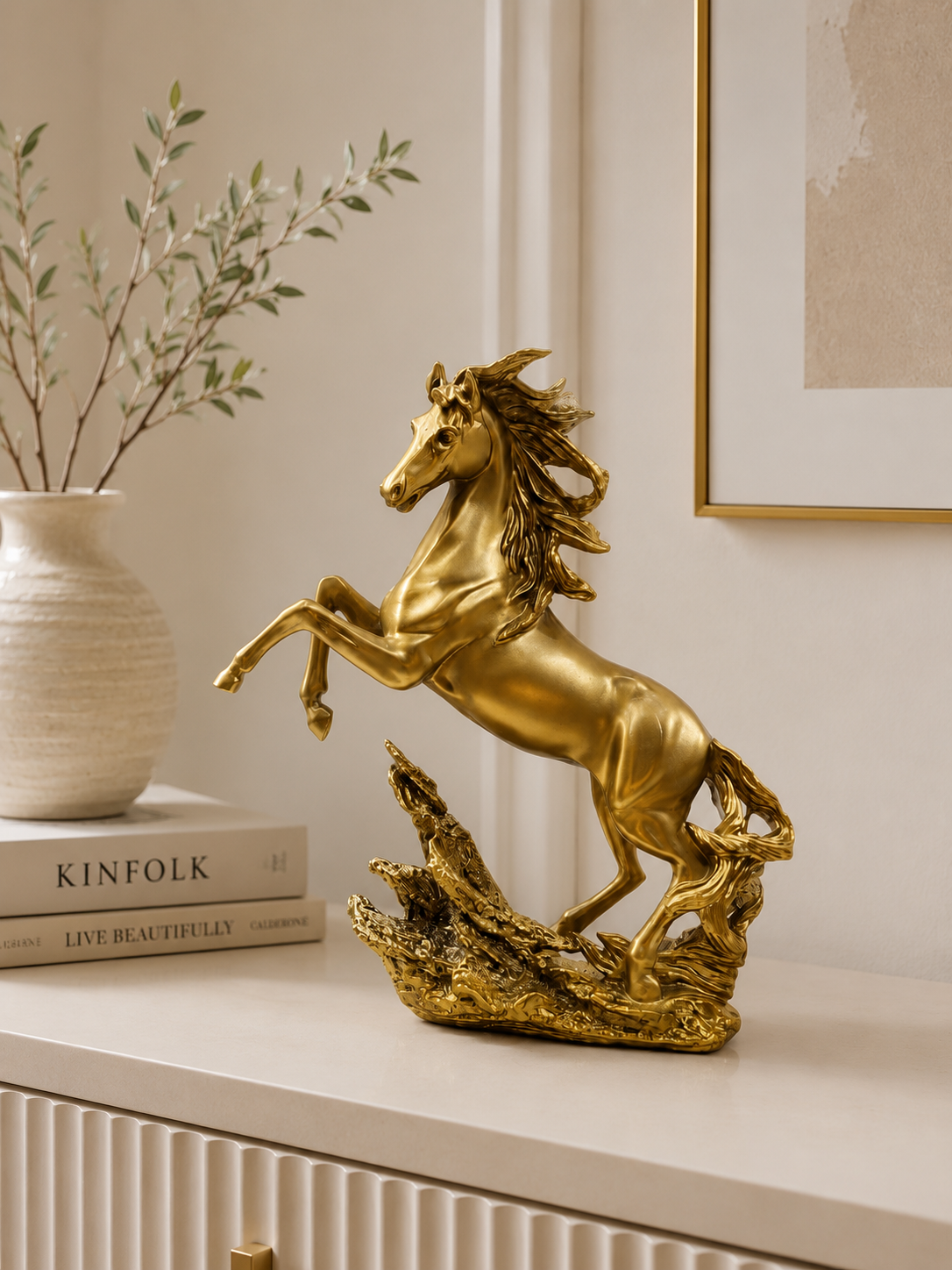 Golden Rearing Horse Resin Sculpture | Luxury Horse Statue | Premium Home & Office Décor Showpiece