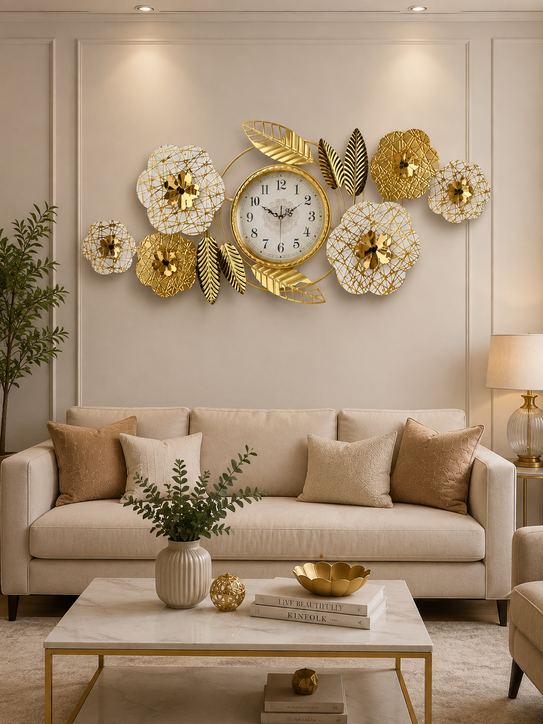 Luxury Golden Floral Leaf Wall Clock – Elegant Decorative Metal Wall Art Clock