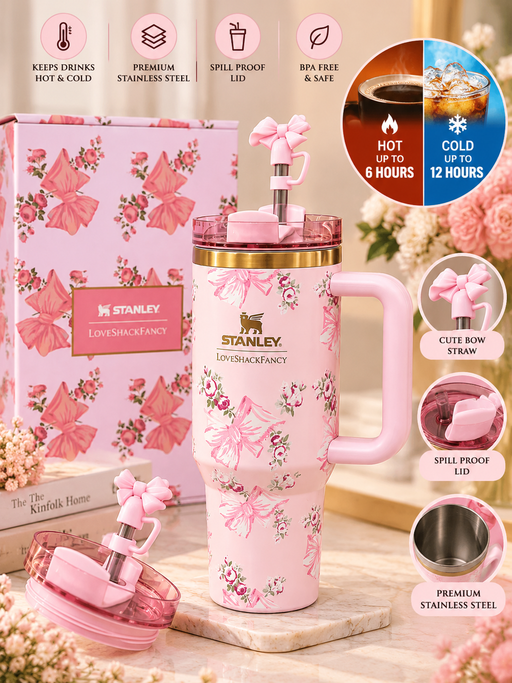 Stanley x LoveShackFancy Pink Floral Bow Quencher H2.0 Tumbler 40 oz