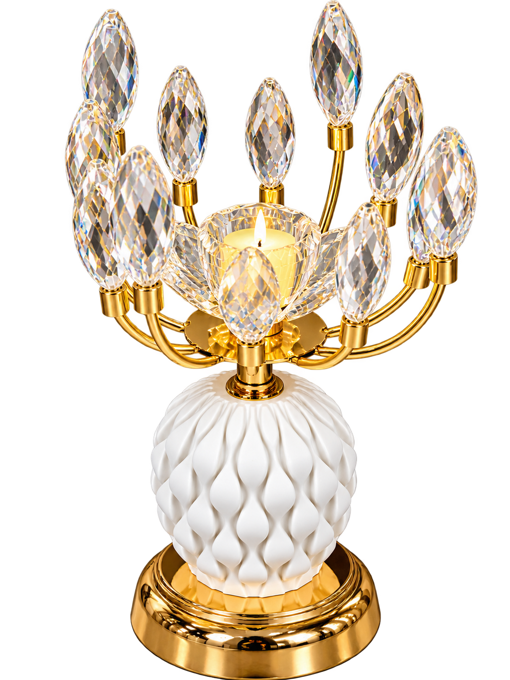 Luxury Gold Crystal Candle Holder with White Textured Metal Base
