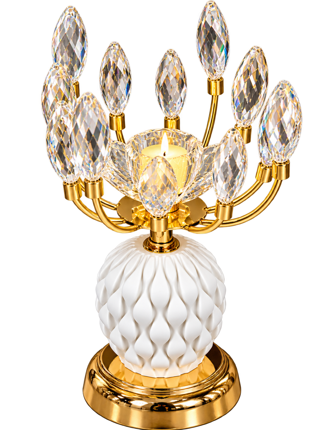Luxury Gold Crystal Candle Holder with White Textured Metal Base