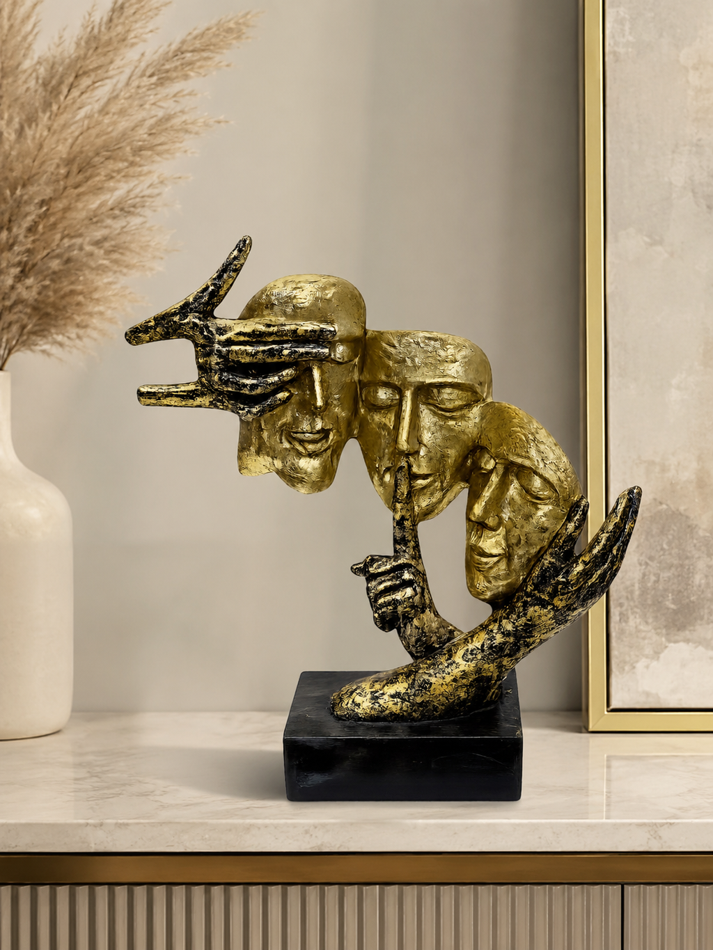 Abstract Three Faces Thinker Sculpture | Modern Gold Resin Art Statue | Luxury Home Décor Accent