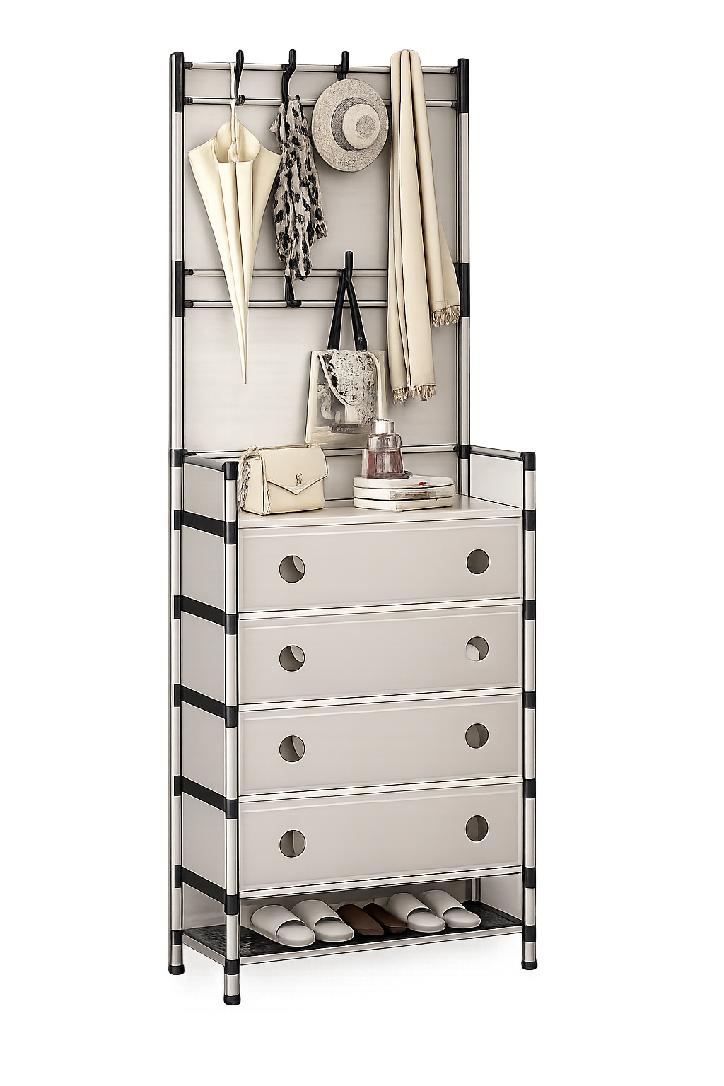 4 Drawer Entryway Organizer with Coat Rack | Hall Tree Storage Cabinet | Shoe Rack & Hanging Stand | Modern Multifunction Storage Unit