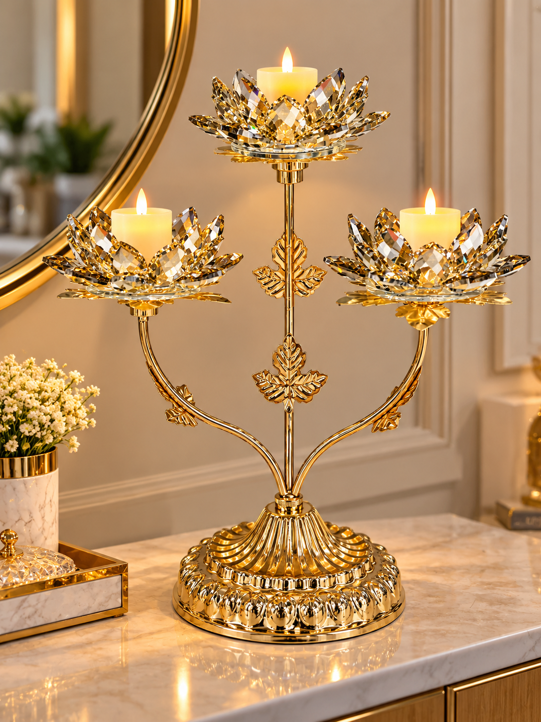 Luxury Golden Lotus Crystal 3-Cup Candle Holder – Elegant Decorative Centerpiece