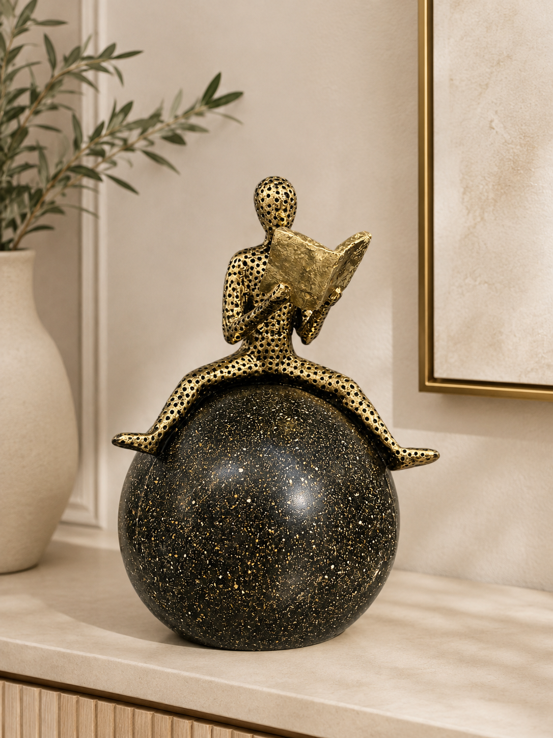 Abstract Reading Man Sculpture on Sphere – Modern Resin Decorative Figurine for Home & Office Decor