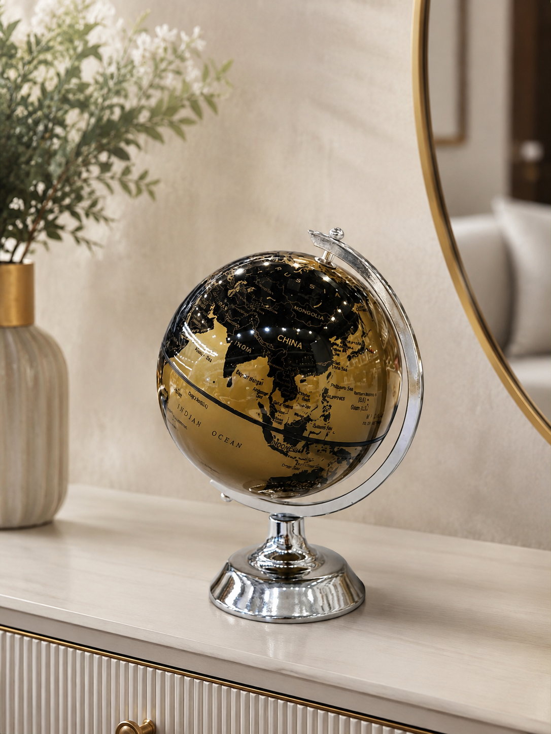 Luxury Black & Gold World Globe with Chrome Stand – Decorative Tabletop Globe