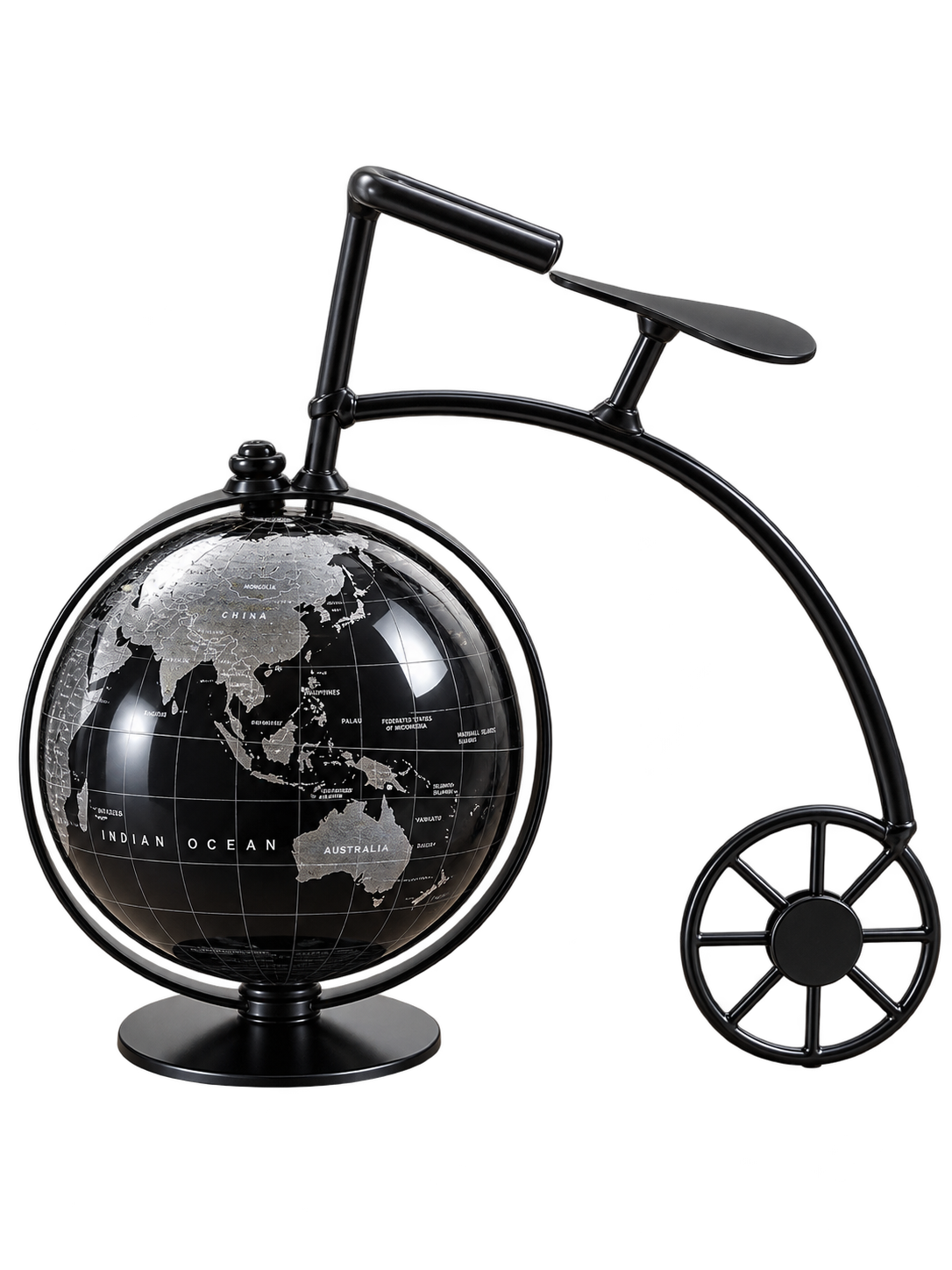 Vintage Black World Globe with Bicycle-Inspired Stand – Decorative Tabletop Globe