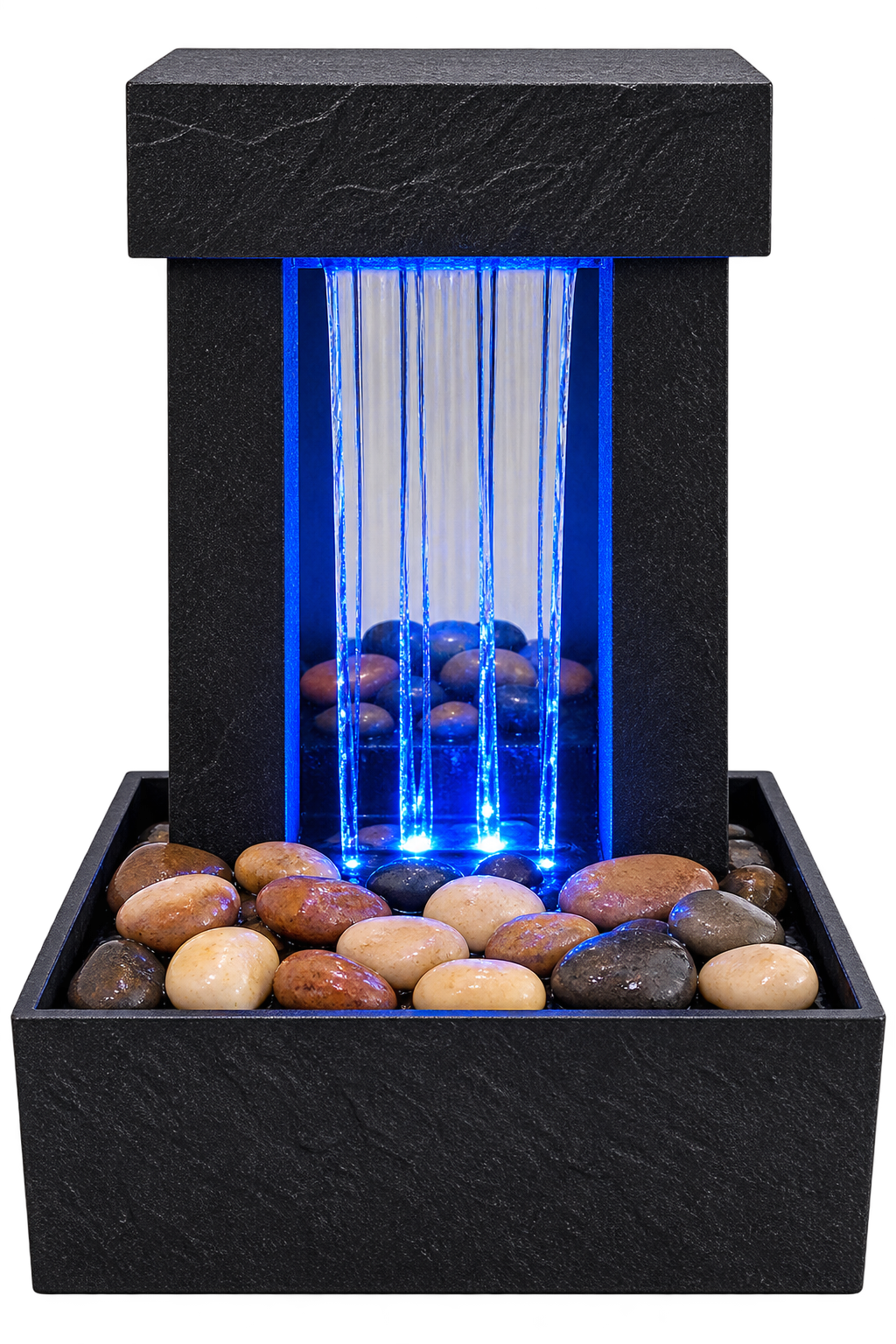 Modern Black Waterfall Fountain with LED Lights & Decorative Stones