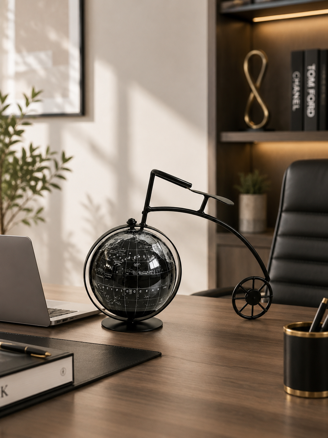 Vintage Black World Globe with Bicycle-Inspired Stand – Decorative Tabletop Globe