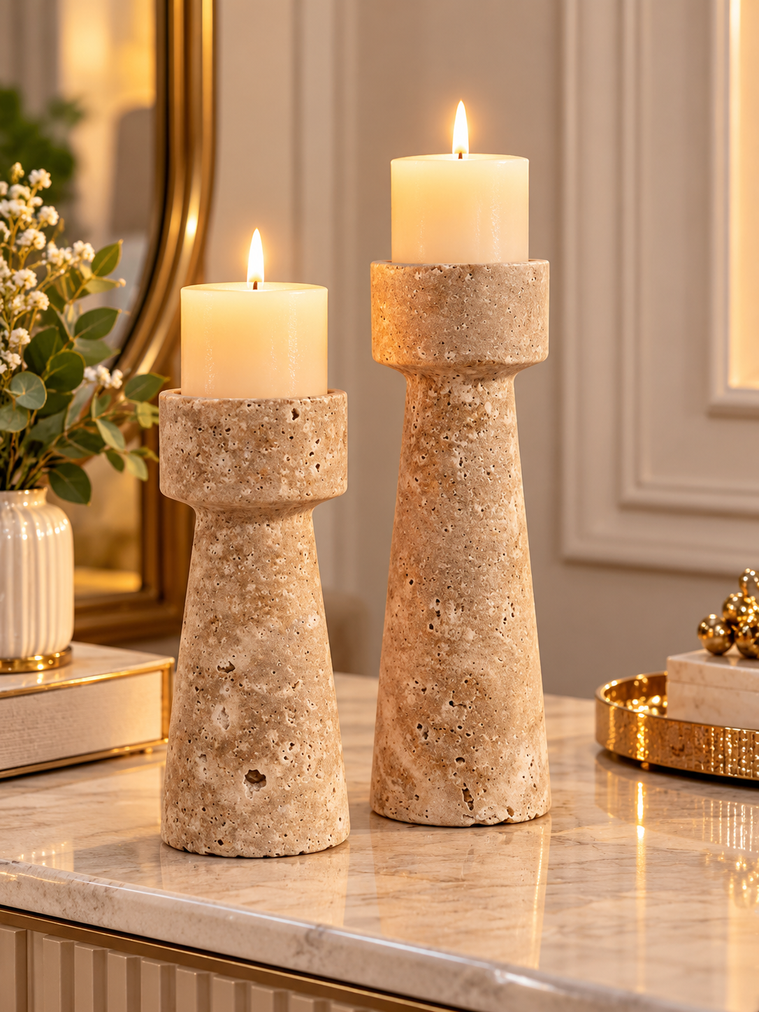 Luxury Textured Stone-Look Candle Holders Set of 2 – Beige Decorative Candle Stands