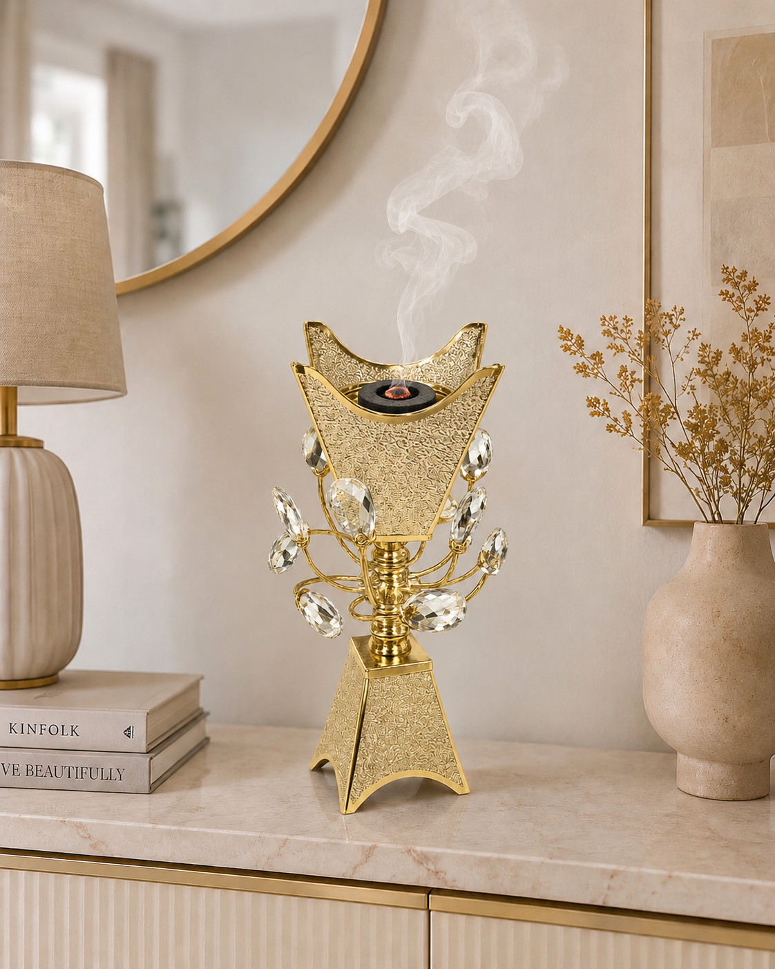Luxury Gold Crystal Bakhoor Burner – Premium Metal Incense Burner for Oud & Bakhoor | Elegant Arabic Home Decor