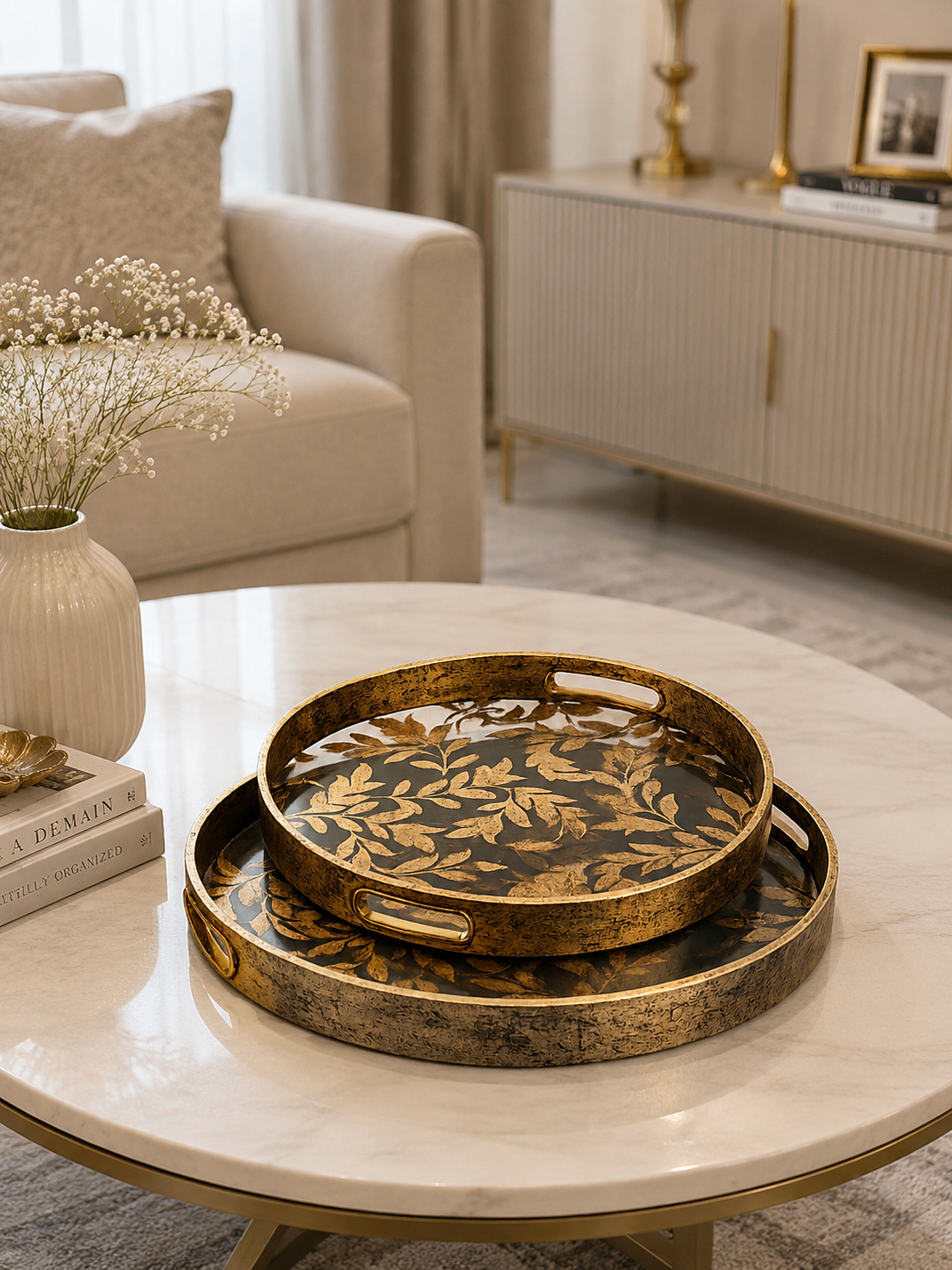 Set of 2 Round Decorative Serving Trays | Luxury Gold Leaf Design with Handles
