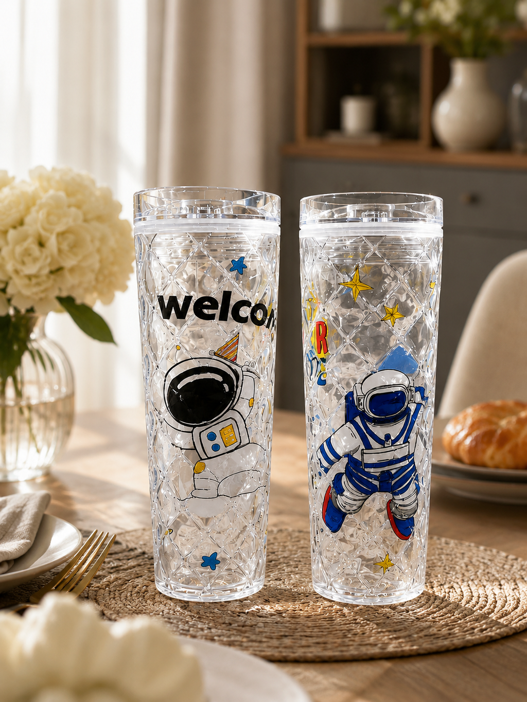Astronaut Space Theme Diamond Textured Sipper – Clear Double-Walled Kids Tumbler