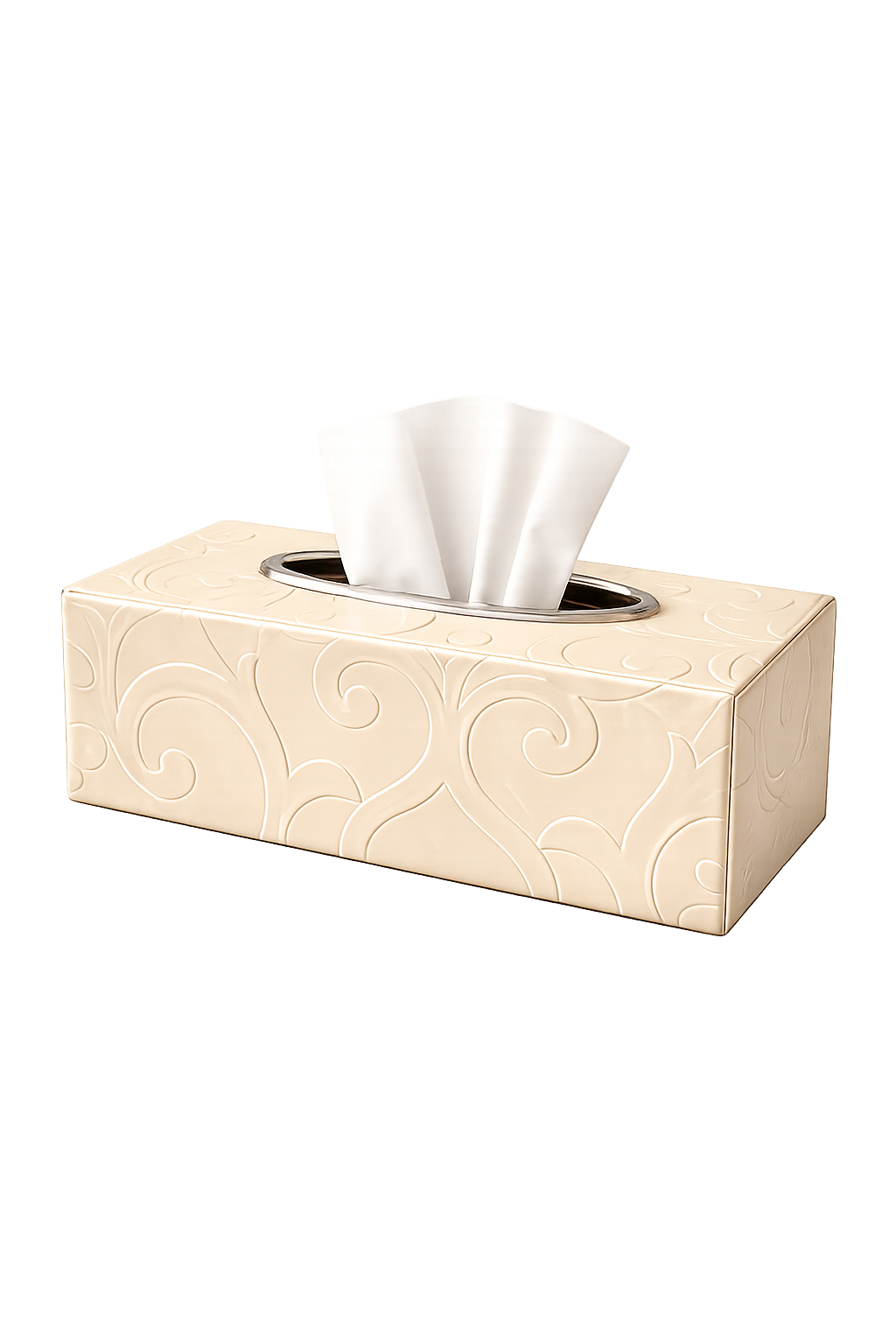 Luxury Embossed Tissue Box Holder with Stainless Steel Top | Decorative Tabletop Tissue Box Cover | Modern Home & Office Decor